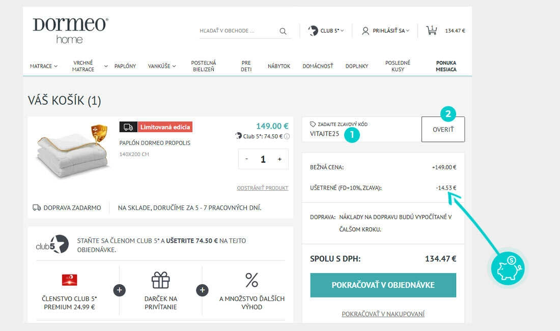 Návod ako uplatniť zľavový kód v košíku e-shopu Dormeo