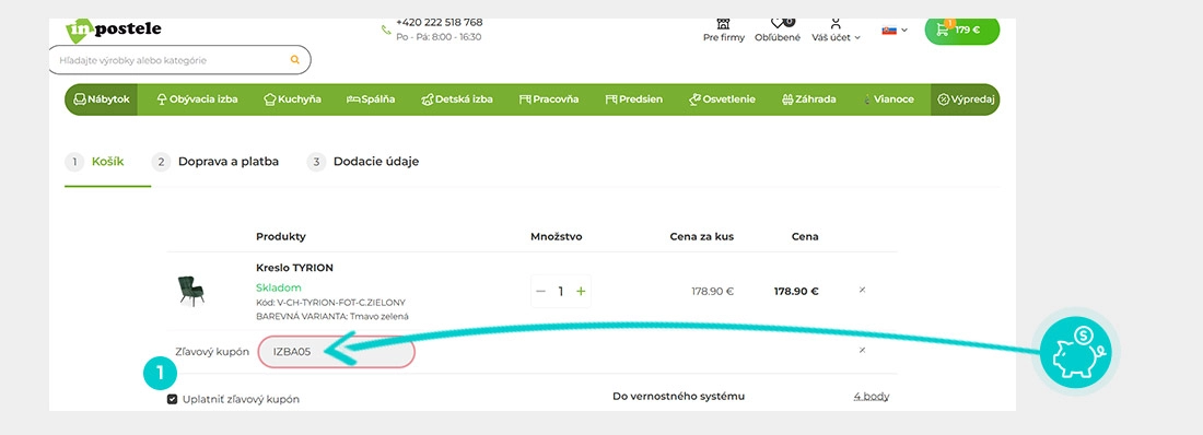 Návod ako uplatniť zľavový kód v košíku e-shopu InPostele
