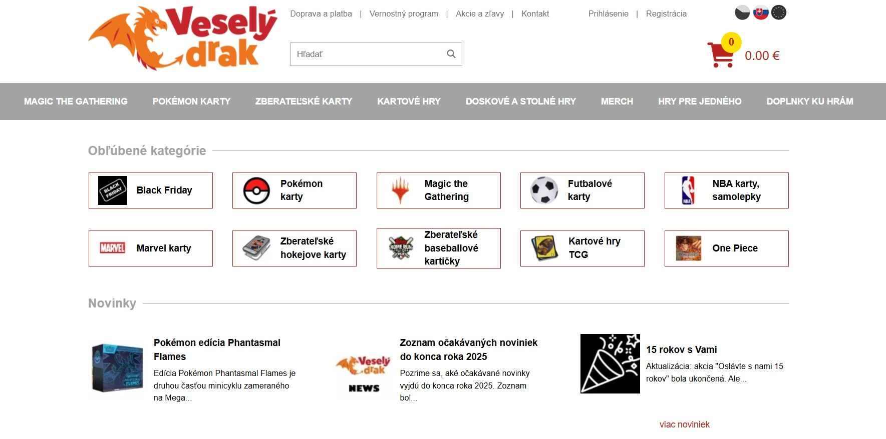 homepage Veselý drak s ponukou zberateľských kariet a hier