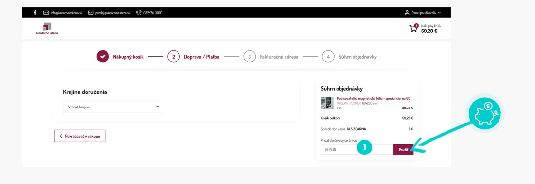 Návod ako uplatniť zľavový kód v košíku e-shopu Kreatívna stena