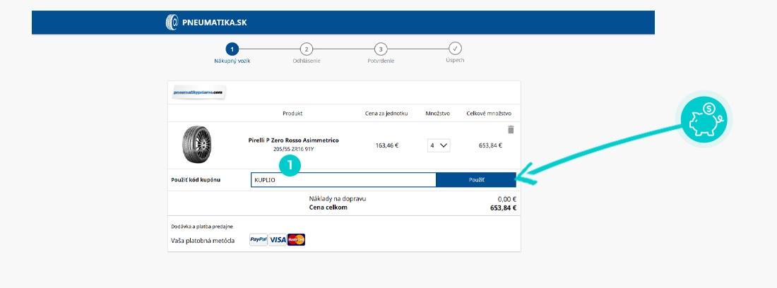 Návod ako uplatniť zľavový kód v košíku e-shopu Pneumatika.sk