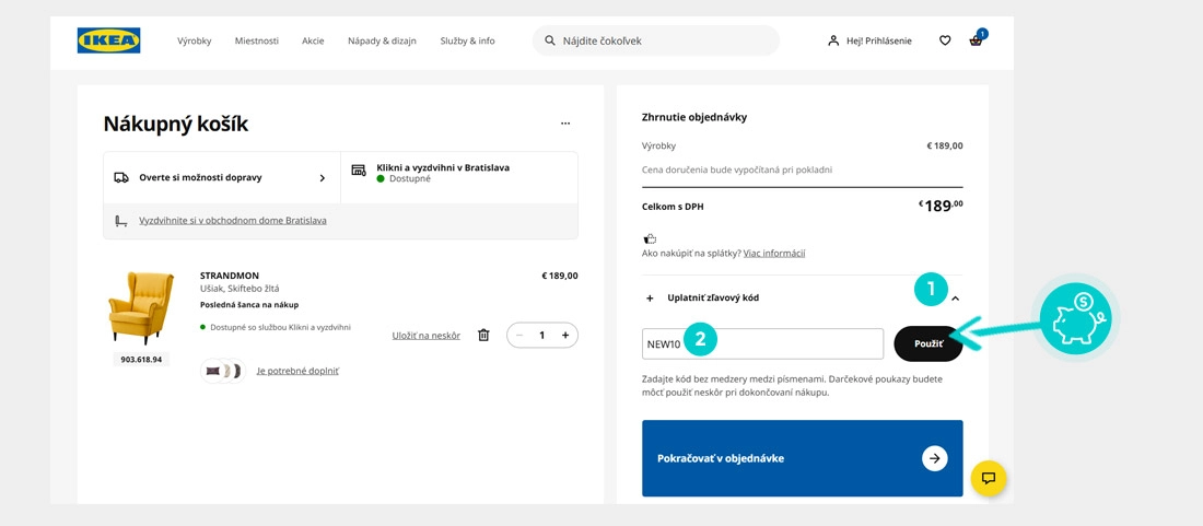 Návod ako uplatniť zľavový kód v košíku e-shopu IKEA