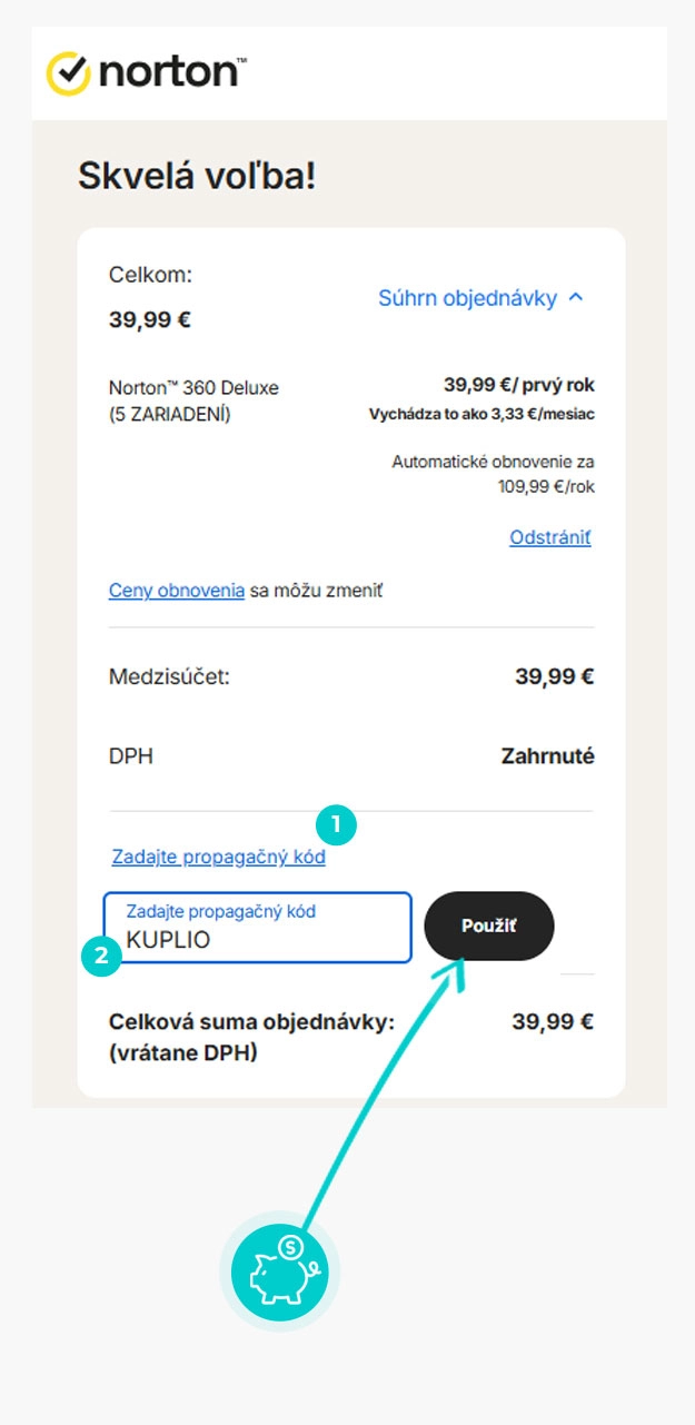 Návod ako uplatniť zľavový kód v košíku e-shopu Norton