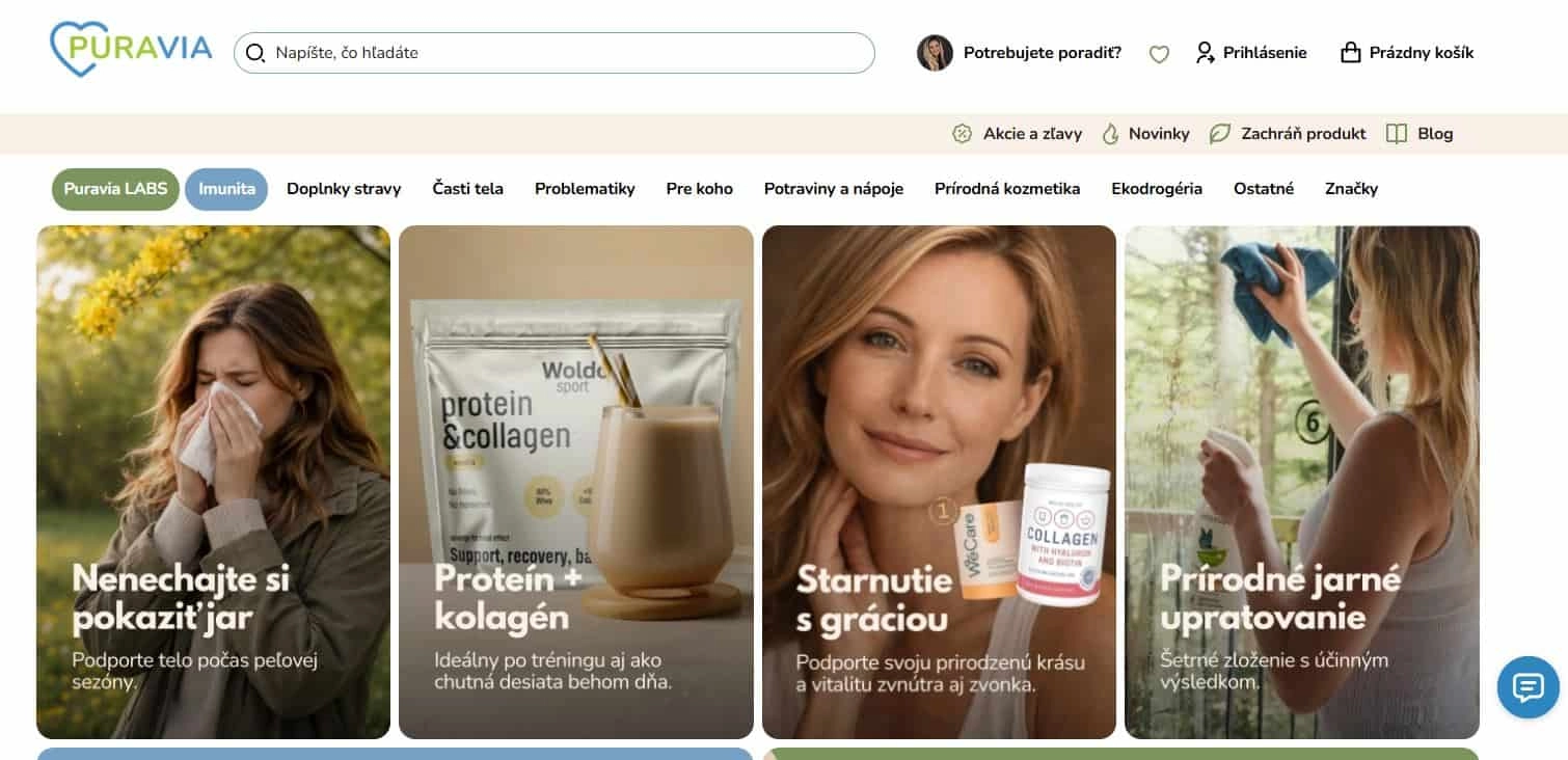 Homepage e-shopu Puravia s práve prebiehajúcimi akciami