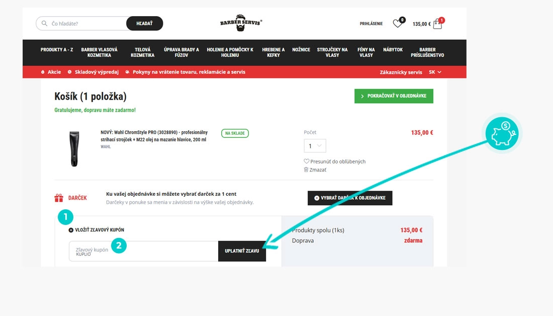 Návod ako uplatniť zľavový kód v košíku e-shopu Barber Servis