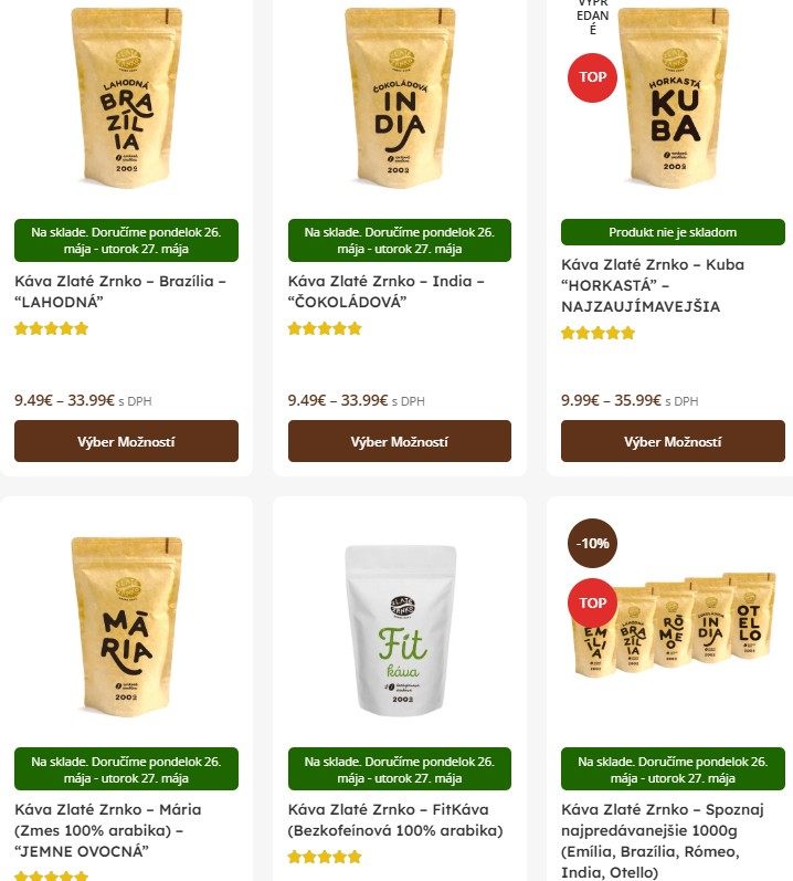 ponuka kávy z e-shopu Zlaté zrnko