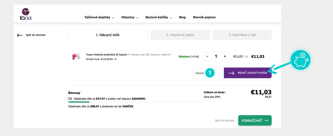 Návod ako uplatniť zľavový kód v košíku e-shopu Tozax