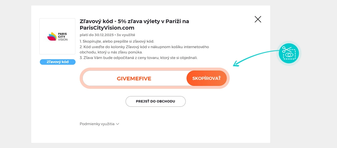 Návod ako skopírovať zľavový kód Paris City Vision