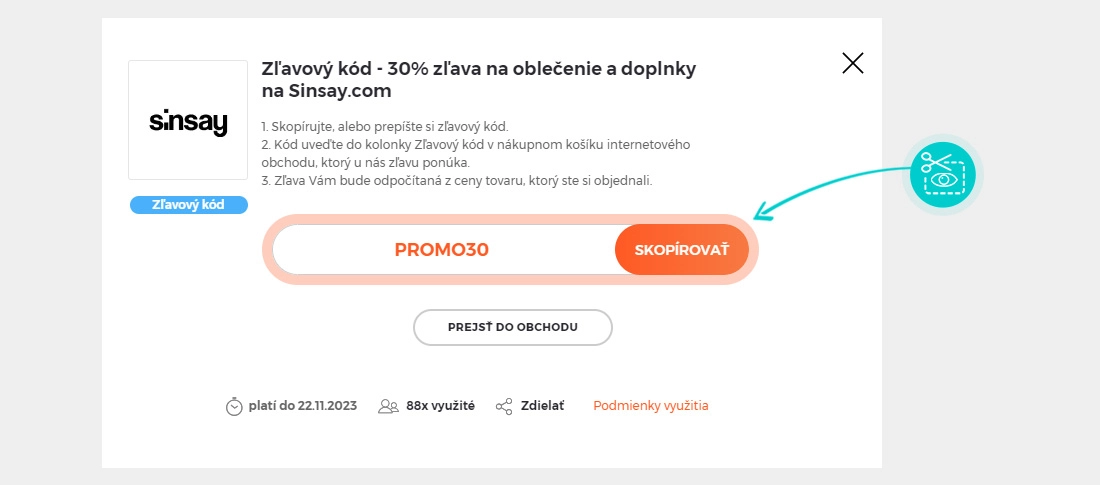 Návod ako skopírovať zľavový kód Sinsay