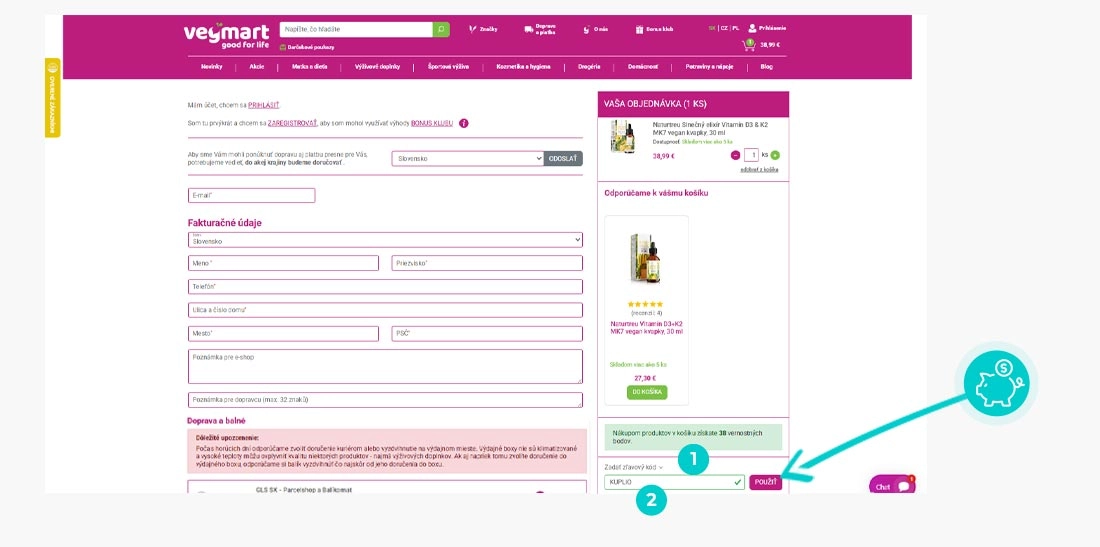 Návod ako uplatniť zľavový kód v košíku e-shopu Vegmart