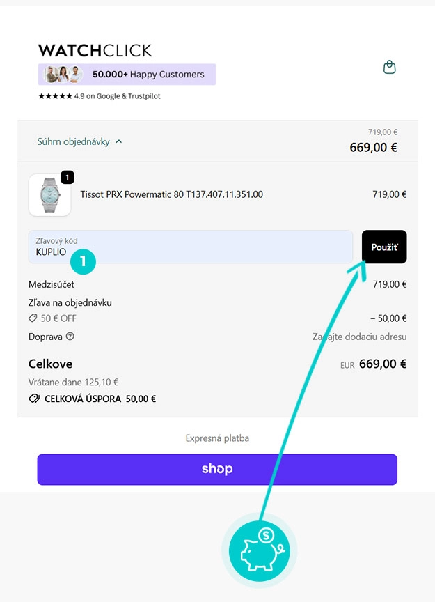 Návod ako uplatniť zľavový kód v košíku e-shopu WatchClick