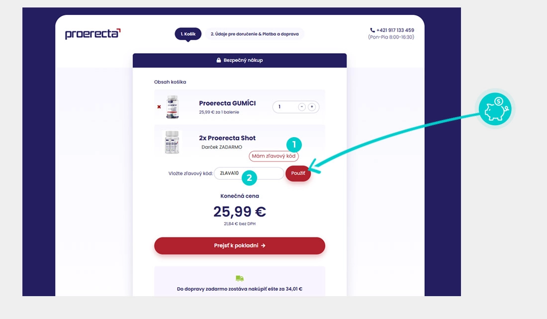 Návod ako uplatniť zľavový kód v košíku e-shopu Proerecta