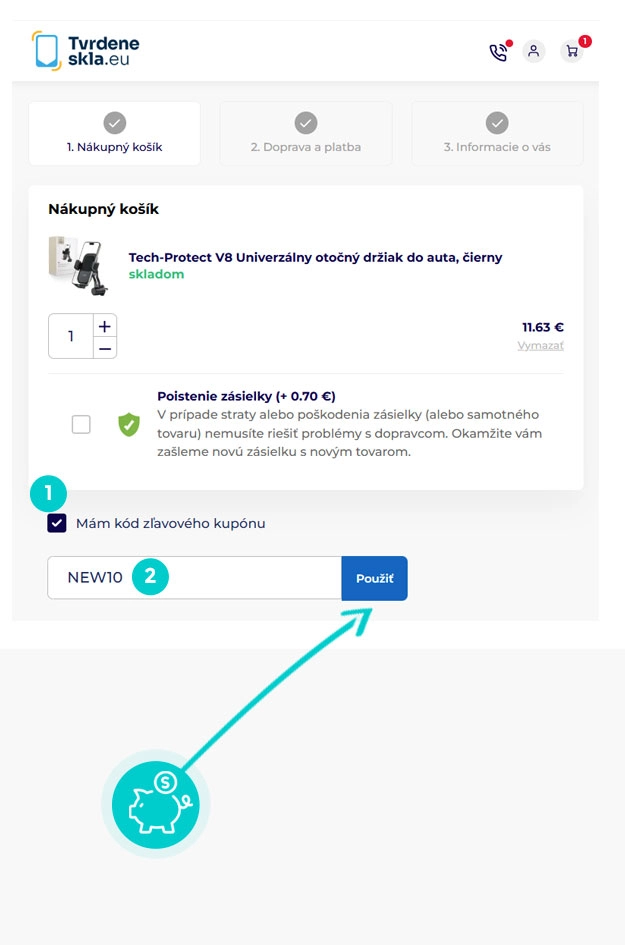 Návod ako uplatniť zľavový kód v košíku e-shopu Tvrdeneskla.eu