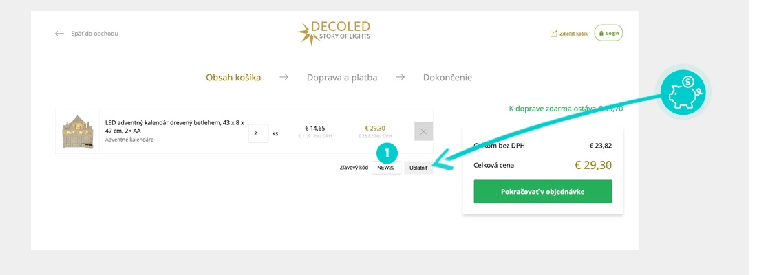 Návod ako uplatniť zľavový kód v košíku e-shopu Decoled