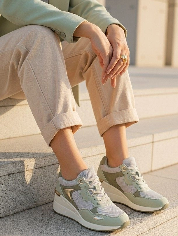 žena má obuté zelené tenisky