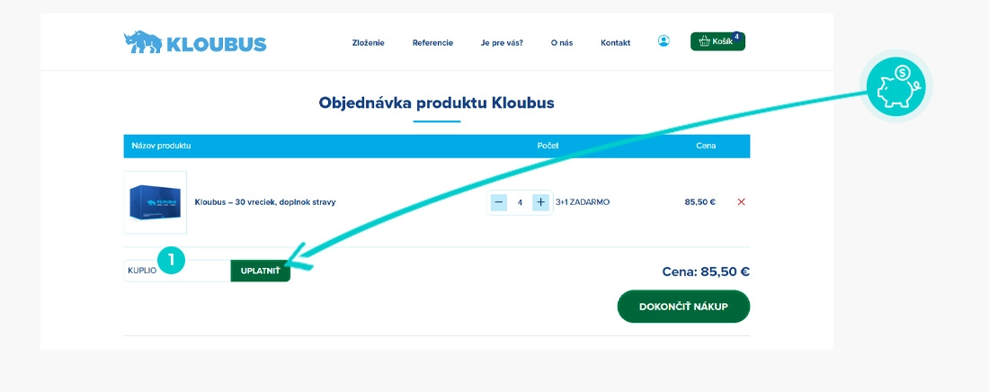 Návod ako uplatniť zľavový kód v košíku e-shopu Kloubus