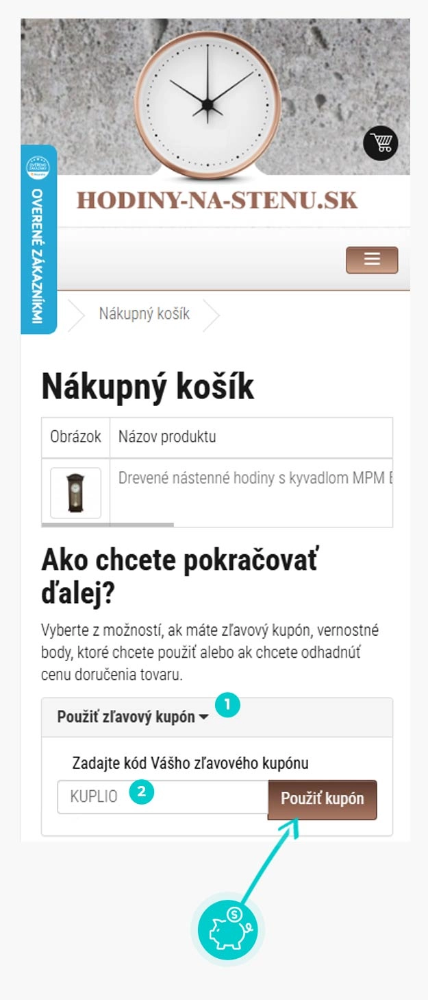 Návod ako uplatniť zľavový kód v košíku e-shopu Hodiny-na-stenu.sk
