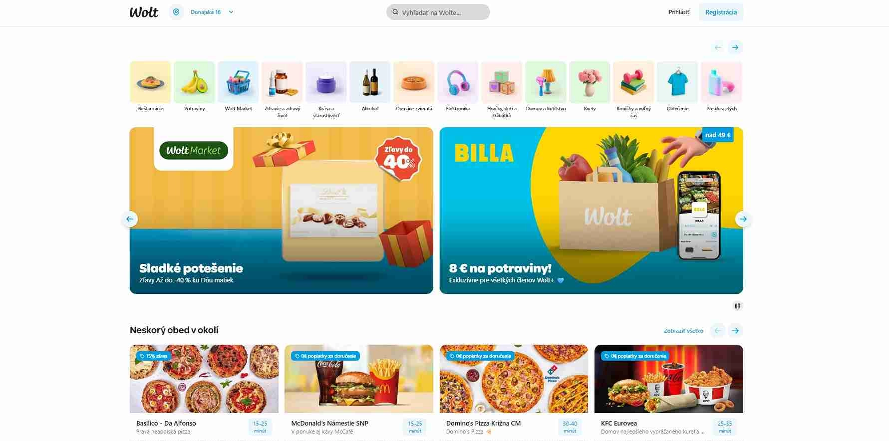 Homepage Wolt s ponukami na reštaurácie a obchody
