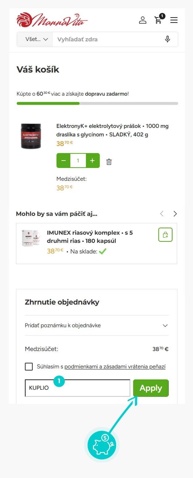 Návod ako uplatniť zľavový kód v košíku e-shopu Mannavita