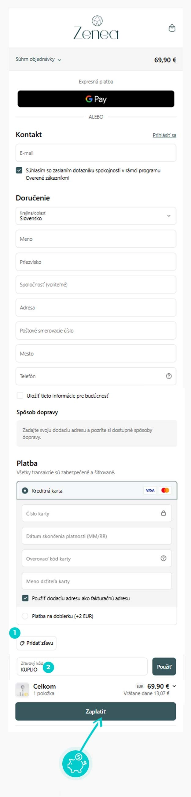 Návod ako uplatniť zľavový kód v košíku e-shopu Zenea