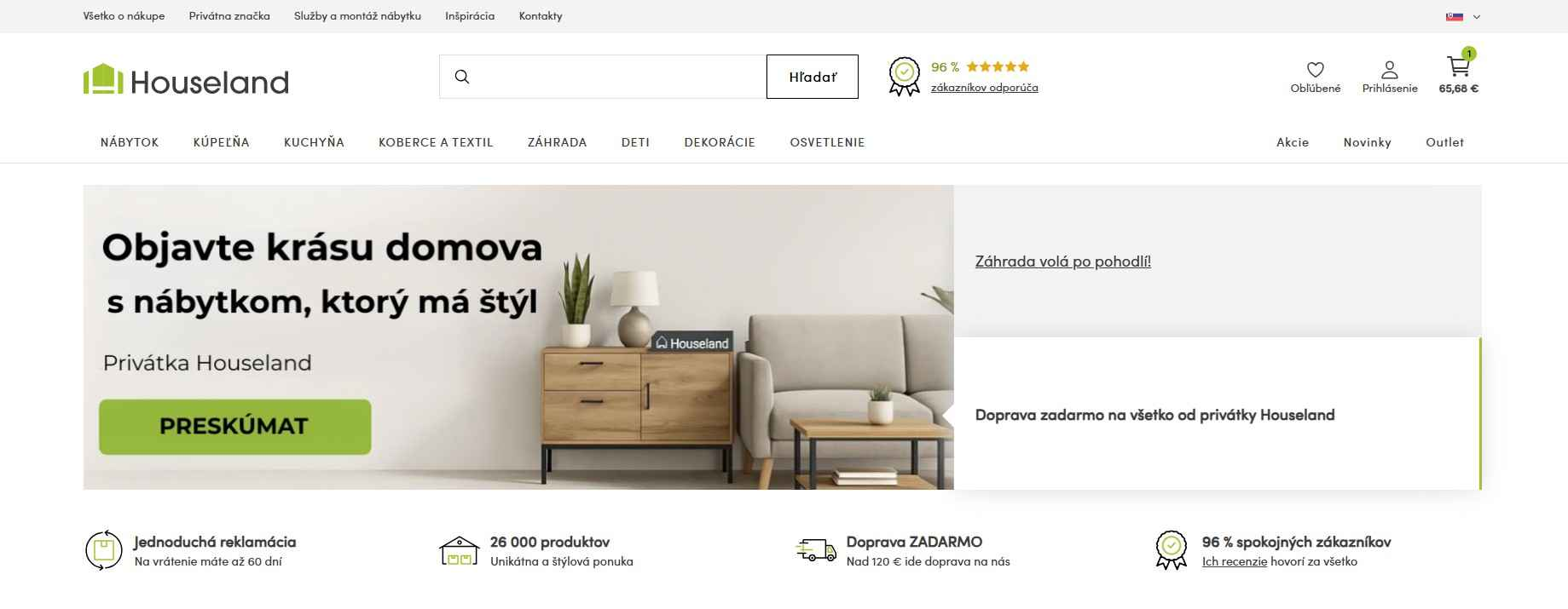 Houseland - webstránka s akciou na dopravu zadarmo