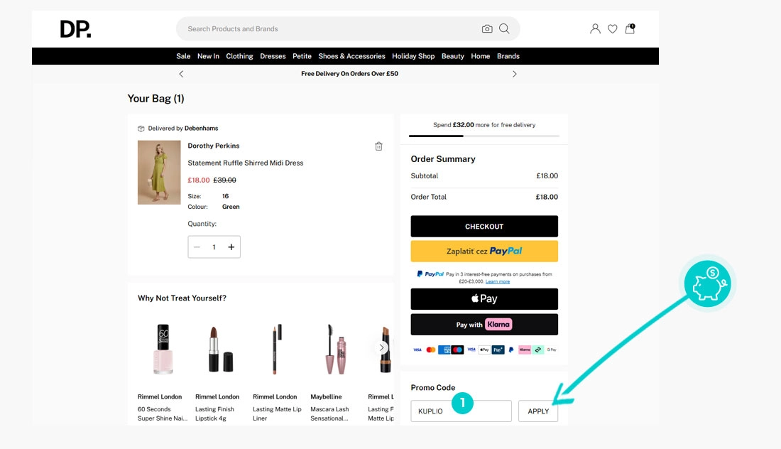 Návod ako uplatniť zľavový kód v košíku e-shopu Dorothy Perkins
