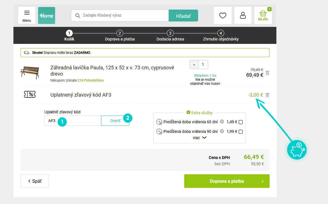 Návod ako uplatniť zľavový kód v košíku e-shopu 4home