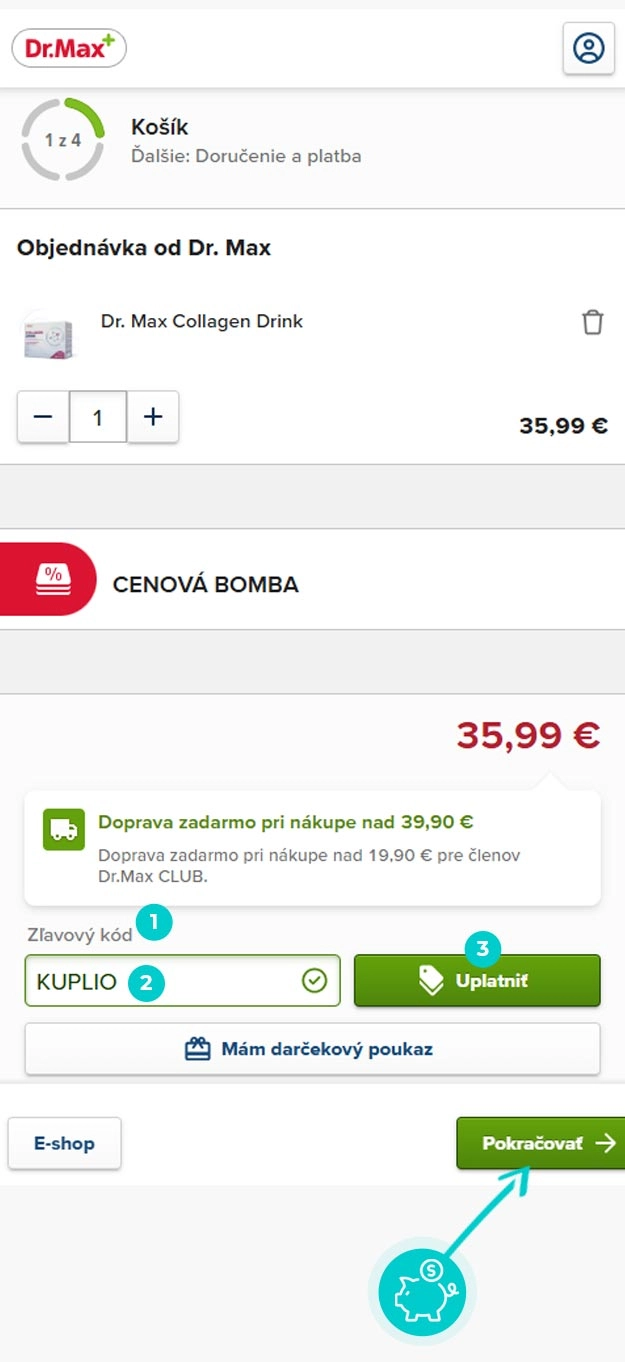 Návod ako uplatniť zľavový kód v košíku e-shopu Dr.Max
