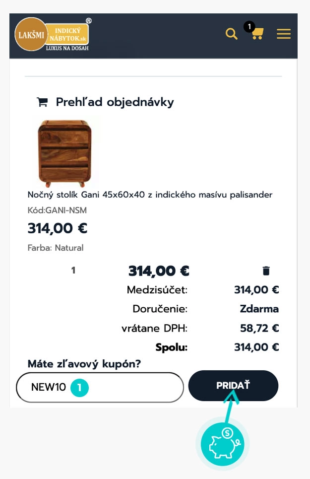 Návod ako uplatniť zľavový kód v košíku e-shopu Indický nábytok