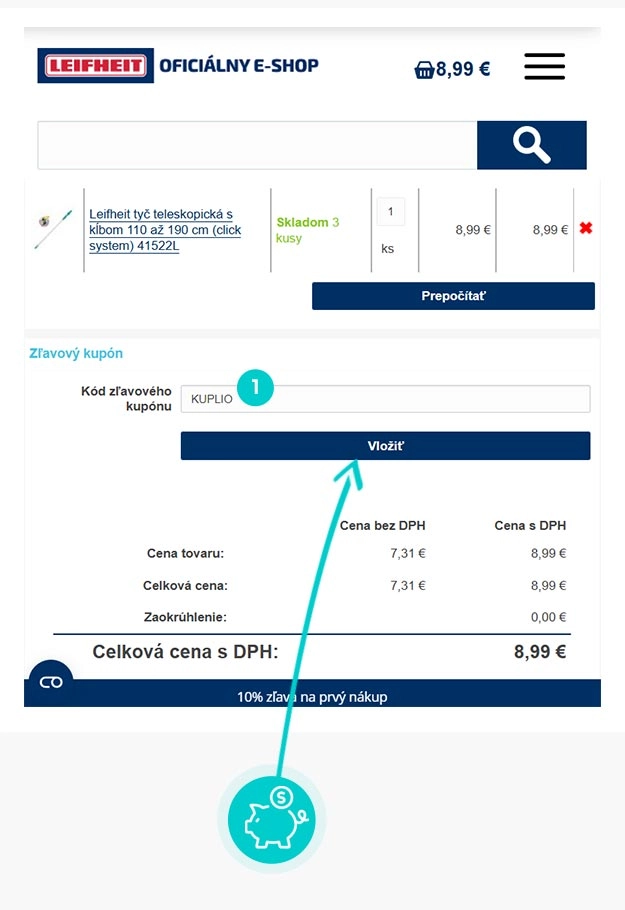 Návod ako uplatniť zľavový kód v košíku e-shopu Leifheit