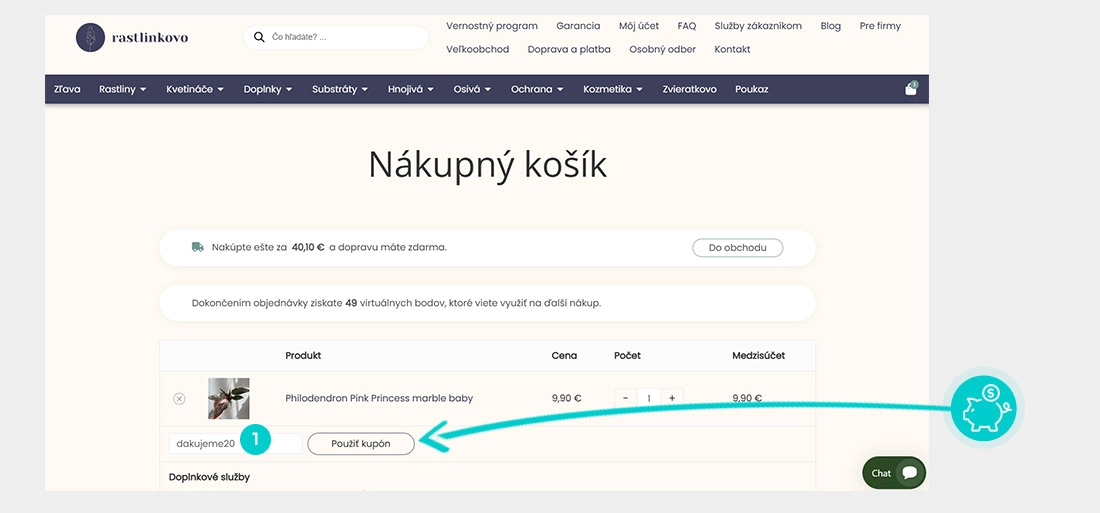 Návod ako uplatniť zľavový kód v košíku e-shopu Rastlinkovo