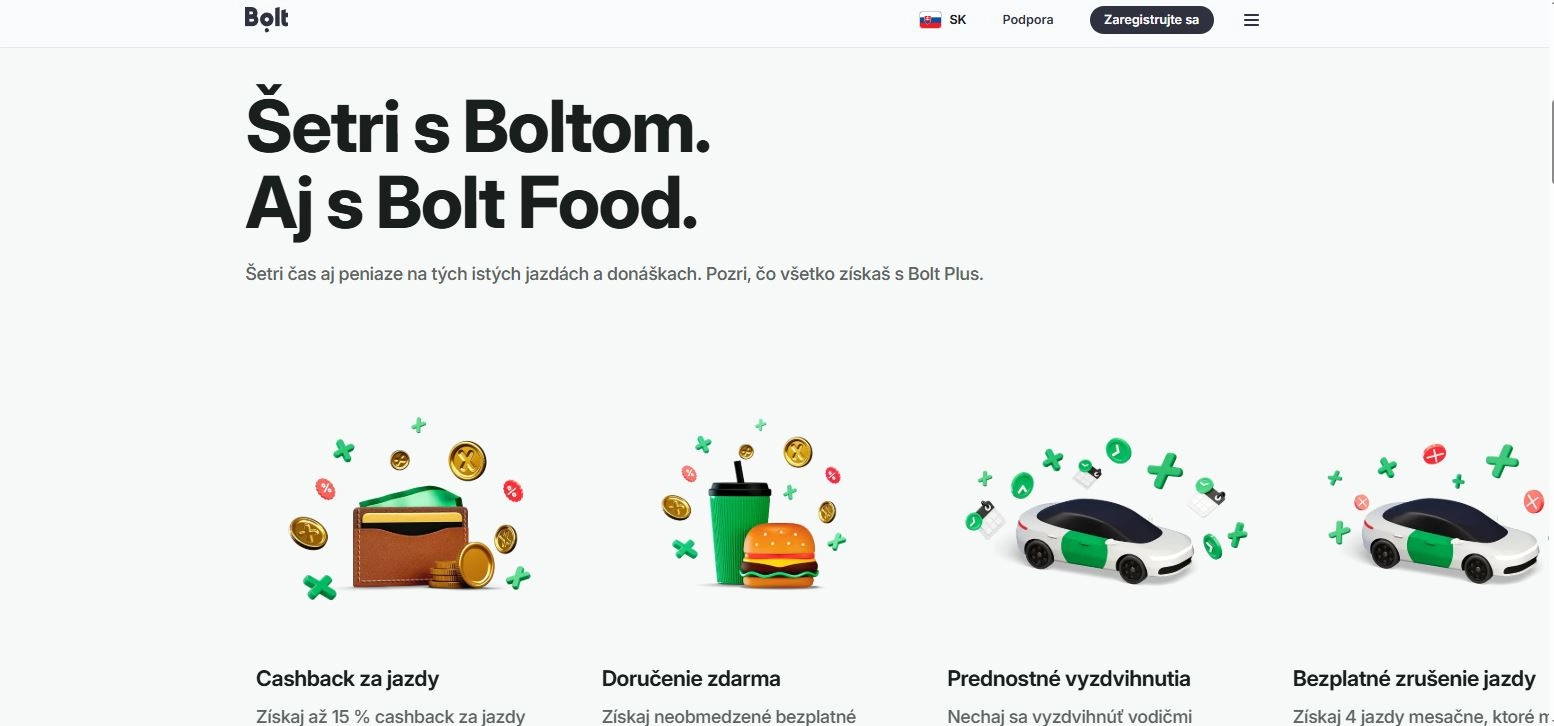 Šetrenie s Boltom vďaka Bolt Plus s ikonami peňaženky, jedla a nápoja a áut