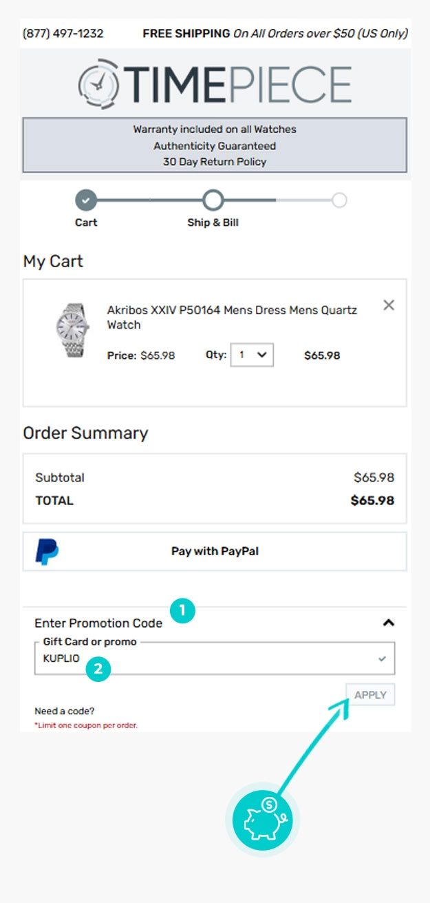 Návod ako uplatniť zľavový kód v košíku e-shopu Timepiece