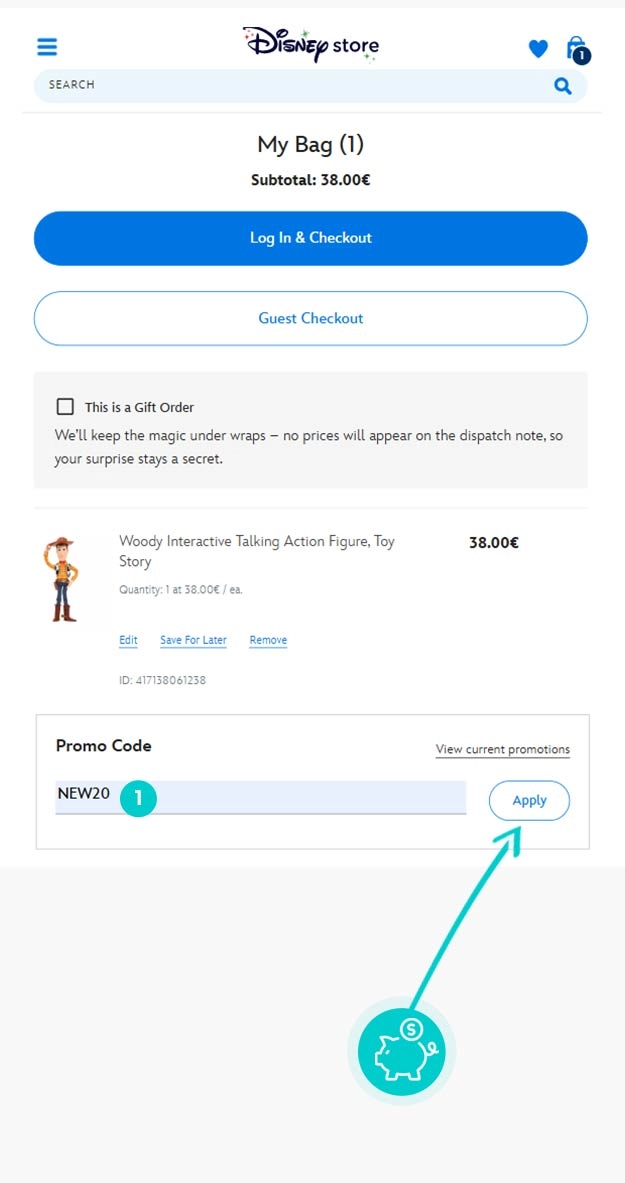 Návod ako uplatniť zľavový kód v košíku e-shopu Disney store
