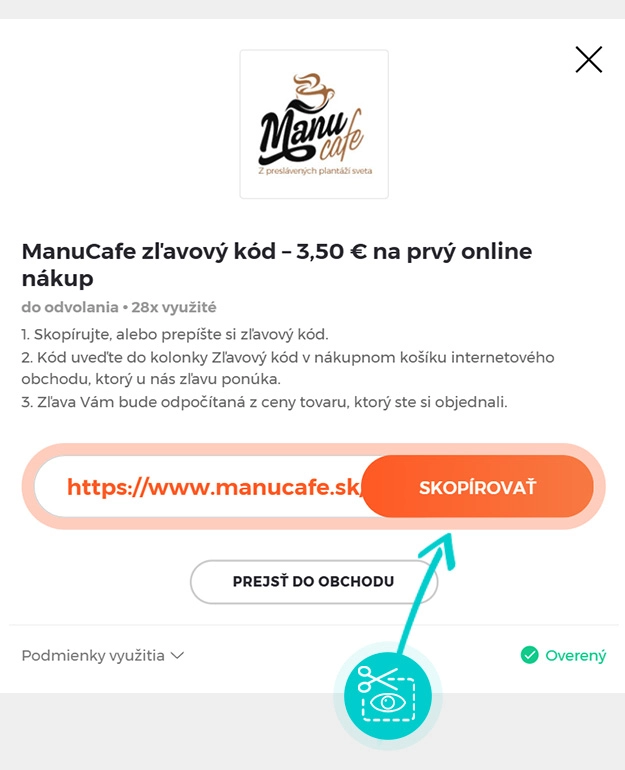 Návod ako skopírovať zľavový kód ManuCafe