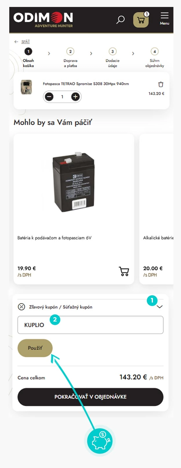 Návod ako uplatniť zľavový kód v košíku e-shopu Odimon