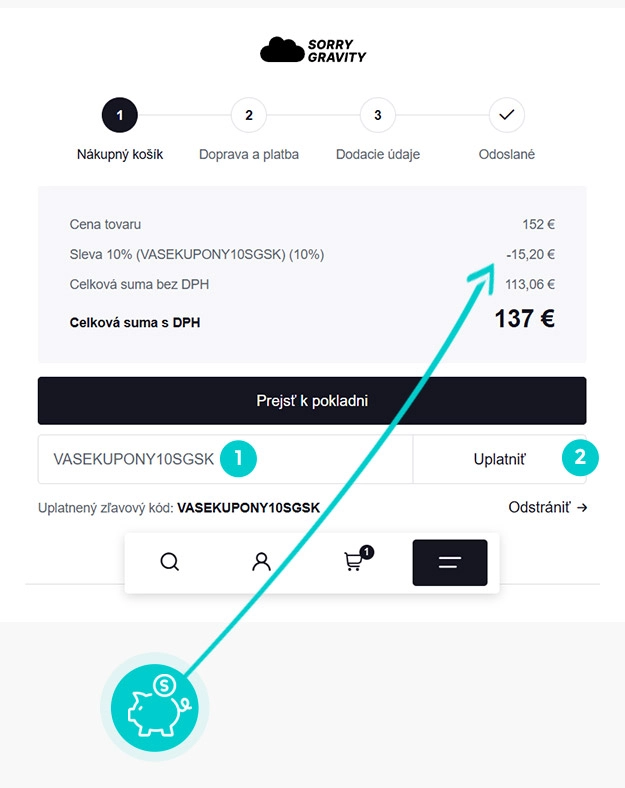 Návod ako uplatniť zľavový kód v košíku e-shopu Sorry Gravity