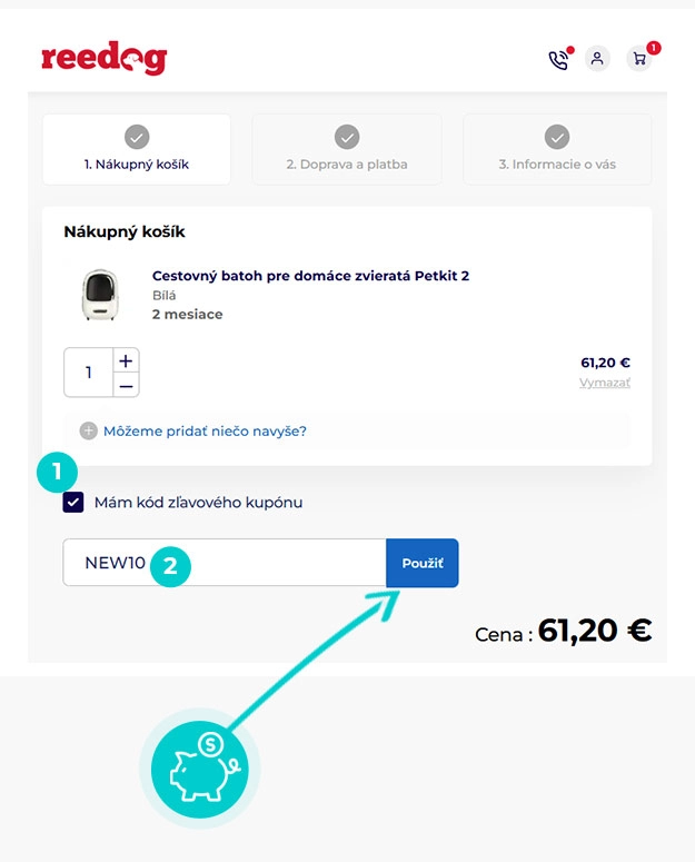 Návod ako uplatniť zľavový kód v košíku e-shopu Reedog