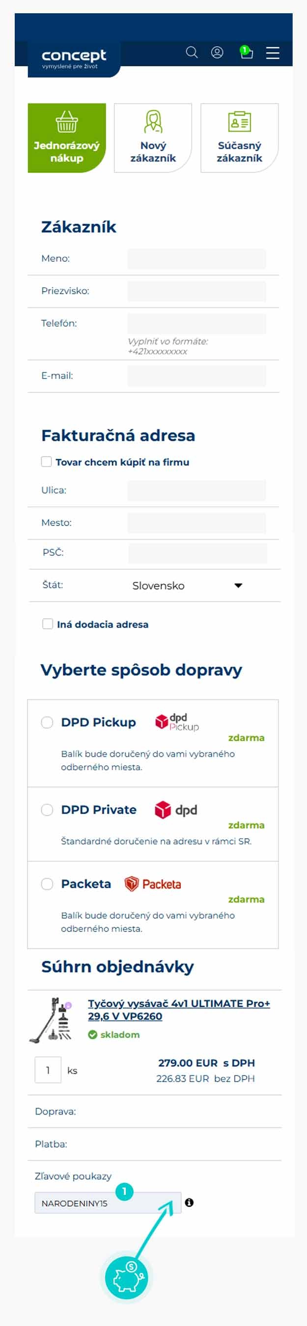 Návod ako uplatniť zľavový kód v košíku e-shopu Concept