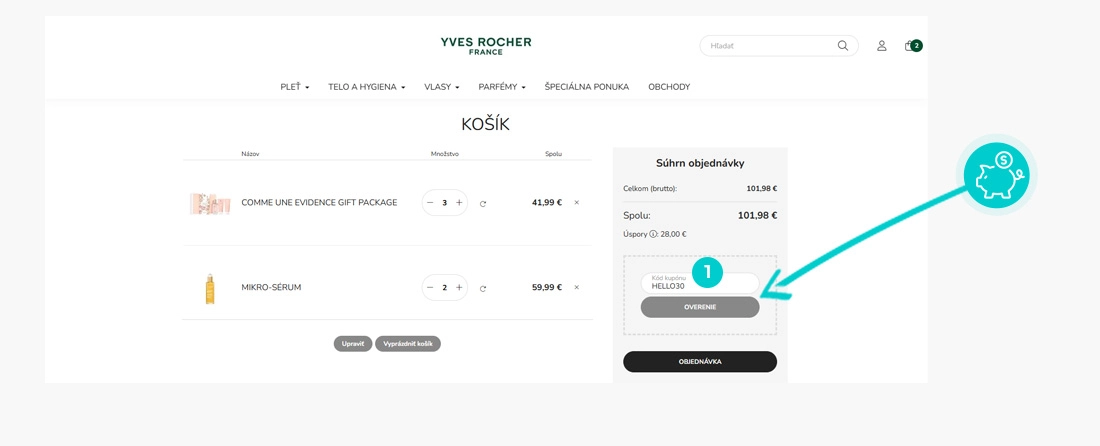 Návod ako uplatniť zľavový kód v košíku e-shopu Yves Rocher