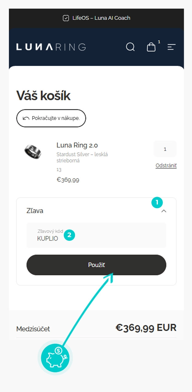 Návod ako uplatniť zľavový kód v košíku e-shopu Luna Ring