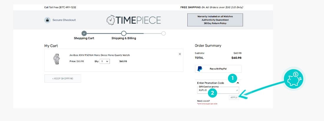 Návod ako uplatniť zľavový kód v košíku e-shopu Timepiece