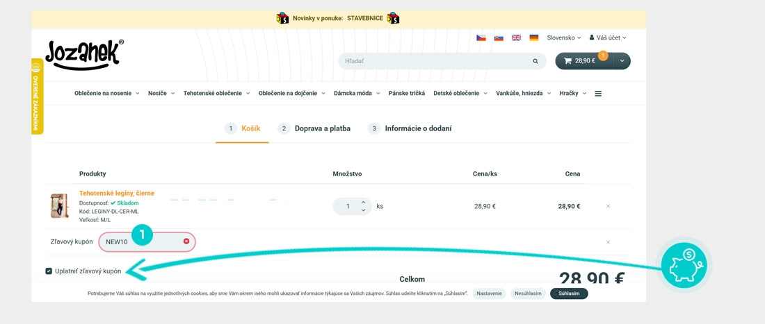 Návod ako uplatniť zľavový kód v košíku e-shopu Jozanek