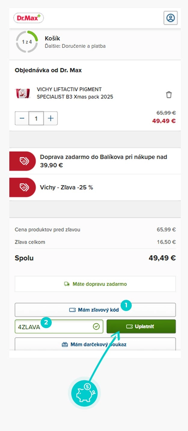 Návod ako uplatniť zľavový kód v košíku e-shopu Dr.Max