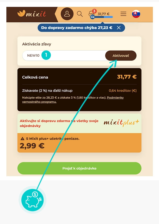 Návod ako uplatniť zľavový kód v košíku e-shopu mixit