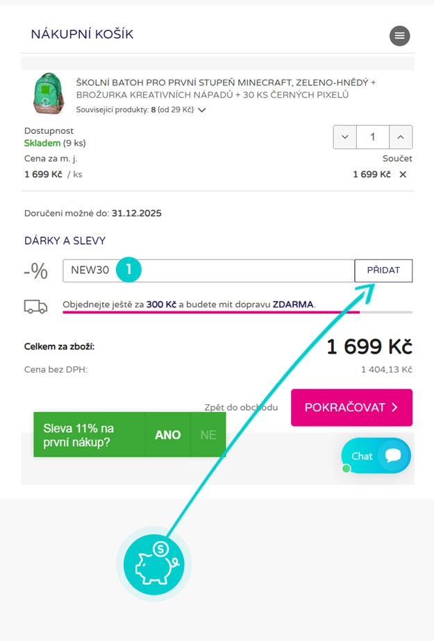 Návod ako uplatniť zľavový kód v košíku e-shopu pixie crew