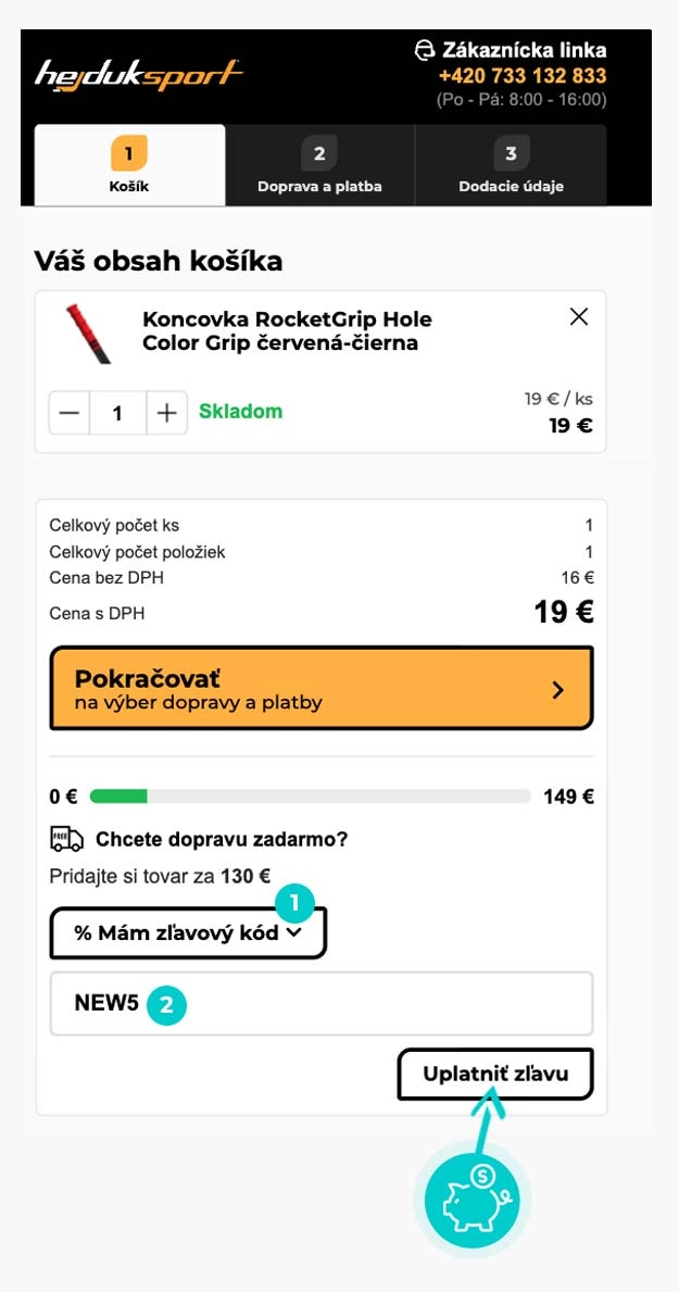 Návod ako uplatniť zľavový kód v košíku e-shopu hejduksport