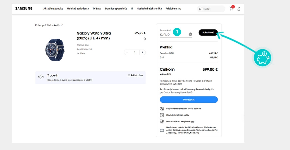 Návod ako uplatniť zľavový kód v košíku e-shopu Samsung