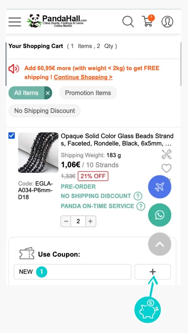 Návod ako uplatniť zľavový kód v košíku e-shopu PandaHall