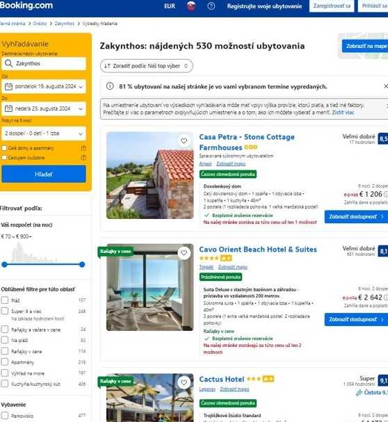 vyhľadávanie ubytovania na booking.sk